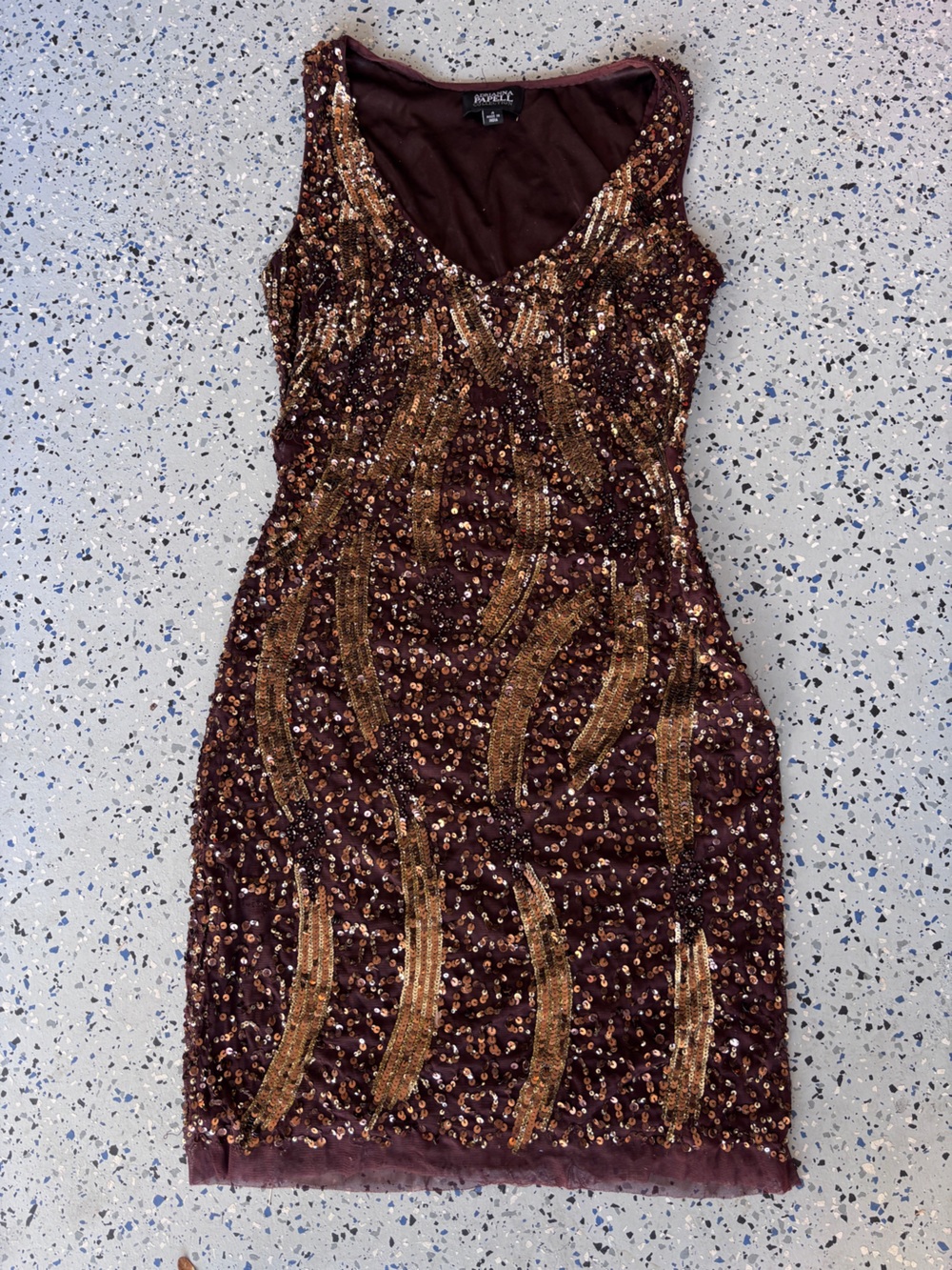 Adrianna Papell Burgundy Sequin Midi Dress with Gold Accents - Picture 2 of 4